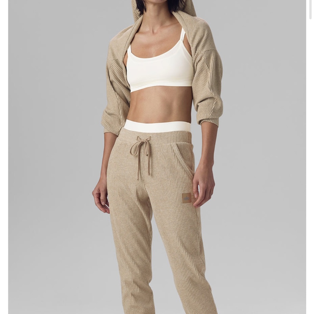 ALO MUSE Tan Ribbed Hoodie and Jogger Set